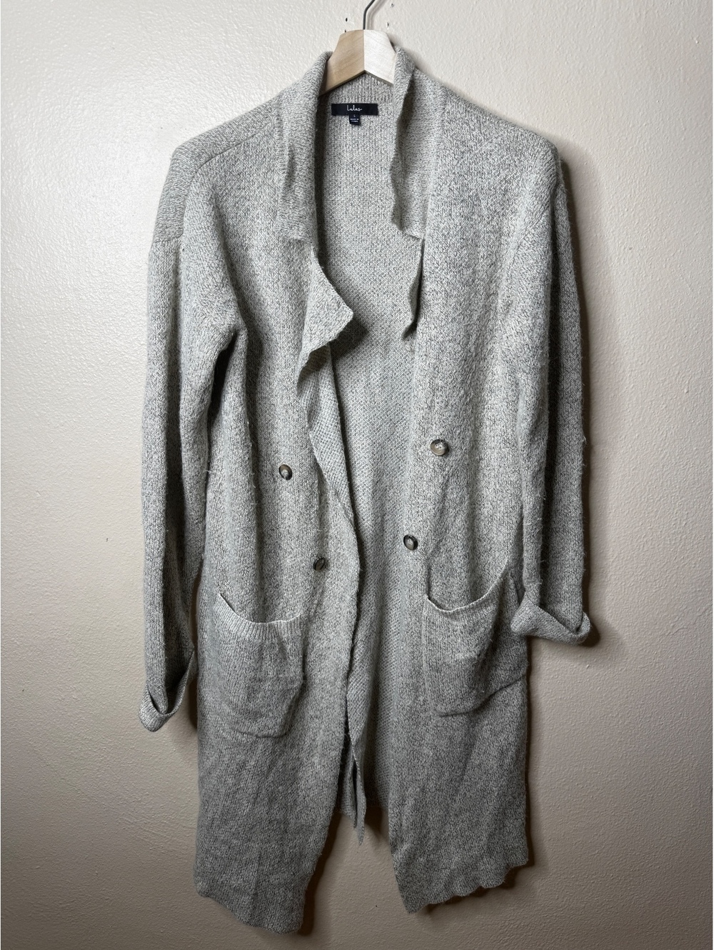 Lulus Womens L Gray Longline Cardigan Sweater Double Breasted Pockets